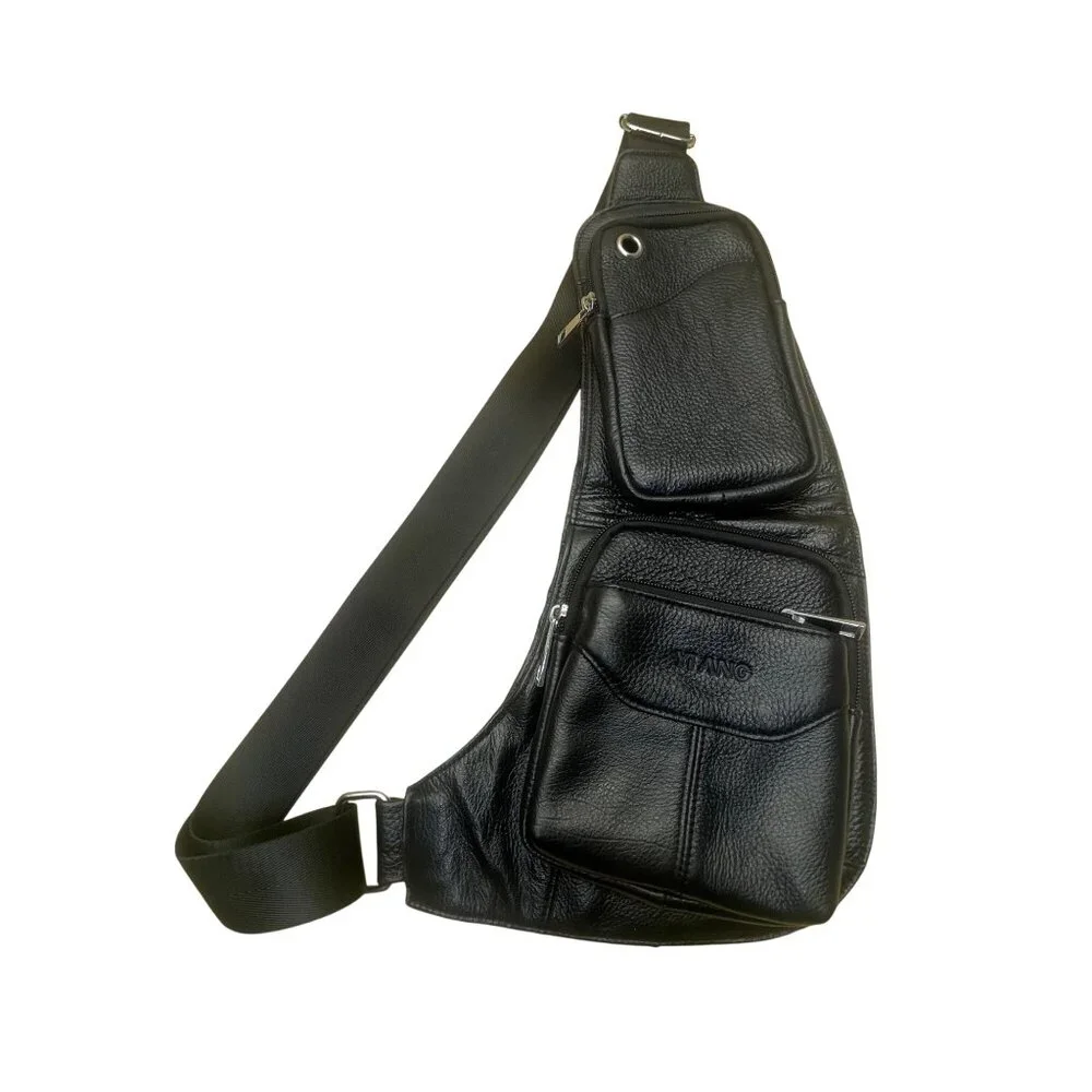 Yi Ang Men’s Black Faux Leather Multiple Zipper Pockets Crossbody Sling Bag